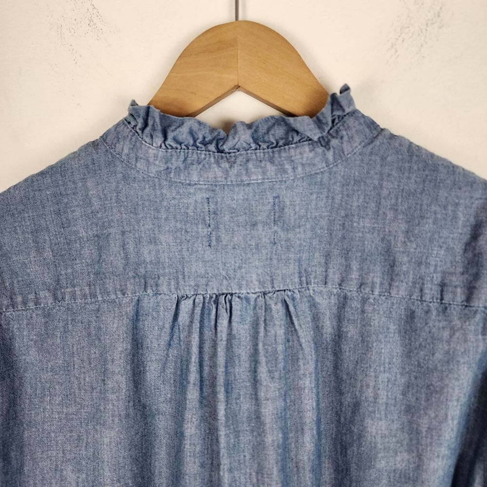 J.Crew Ruffle Dress Chambray Blue 100% Cotton Long Sleeve Size L - Picture 11 of 14